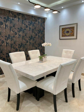 Luxurious Marble Dining Table with Six Tufted High-Backed Chairs