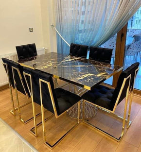Marble Shade Dining Table with Six Chairs and Front Tufted Design