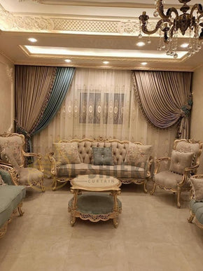 Elegant Dual Double Curtain Set with Lace Detail and Floral Back