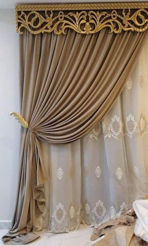 Double Curtain Set with Top Border and Floral Back Design