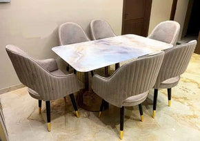 Marble Shade Dining Table with 6 Chairs Featuring Line and Hole Design