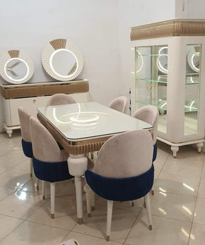 Elegant Dining Table with Line Border and 6 Oval Dual Chairs