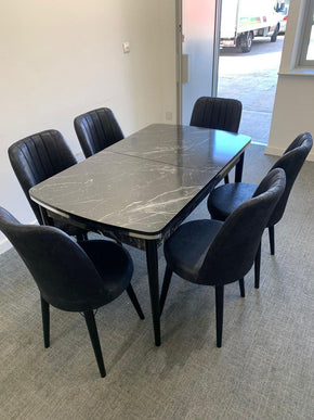 Black Marble Dining Table with Six Lined Design Chairs