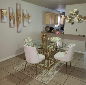 Glass Round Dining Table with 4 Chairs and Cushions Featuring Printed Design