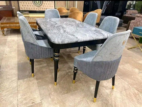 Marble Shade Dining Table with 6 Dual Chairs Featuring Bottom Lines Design
