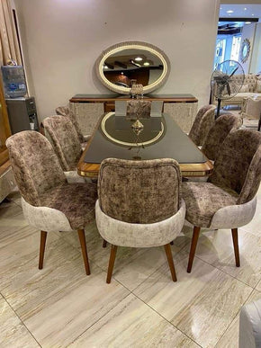 Glass Dining Table with Dual Curve Chairs and Jacquard Print Design