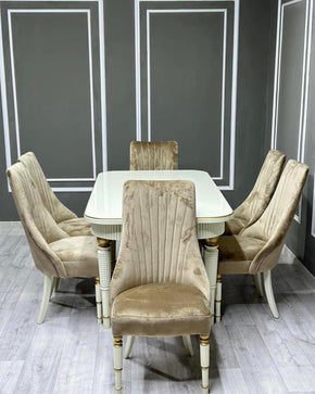 Dining Table with Bottom Line Design and Six Velvet Line Chairs