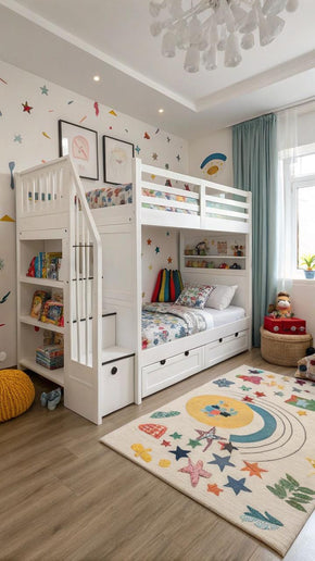 Bunk Bed With Under-Bed Drawers And Side Three-Shelf Wardrobe