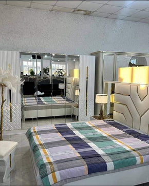 Elegant  Wardrobe with Dual Wooden Doors and Four Glass Panels