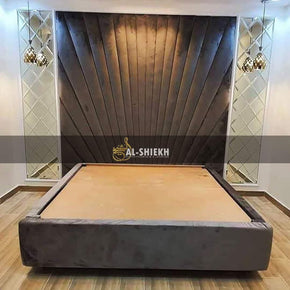 King Size Bed with Tufted Design Wall and Dual Side Mirror Walls – Luxury Bedroom Setup