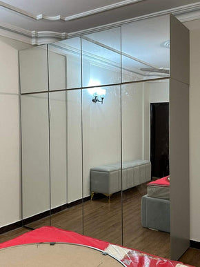 Large Wardrobe with 4 Glass Doors and Upper Storage Boxes – Modern, Spacious Closet