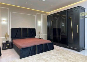 King Size Bed with Border Design, Large Sliding Wardrobe, and Matching Side Tables – Luxury Bedroom Set