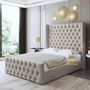King Size Fully Tufted Bed with Long Headboard – Premium Upholstered Bed Design