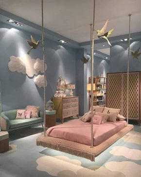 Charming Kids Bed with Bird Design and Four Tall Corner Posts
