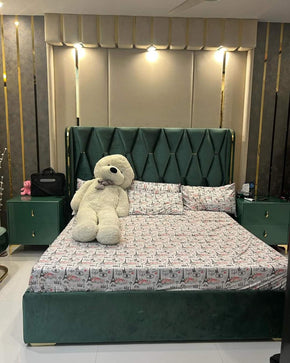 Luxury Tufted King Size Bed with Long Headboard and Side Tables