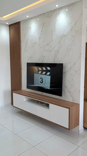 LED Wall with Fluted Panel, Marble Texture Wallpaper & Base Rack