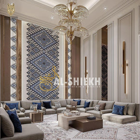Elegant Harmony – U-Shaped Arabic Majlis with Bordered Seating & Blue Accents
