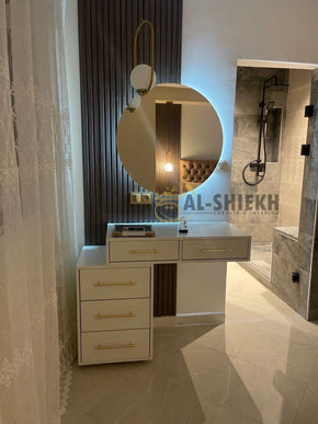 Elegant Dressing Table with Round LED Mirror and Sleek Storage