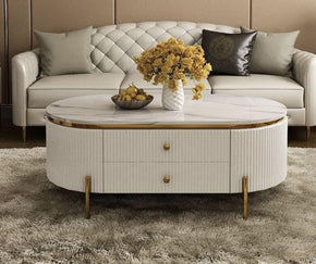Oval Marble Center Table with Built-in Drawers for Storage