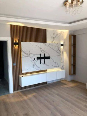 Modern LED Wall with WPC Panel, PVC Marble Sheet & Base Storage Rack
