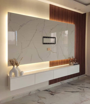 Modern LED Wall with Glossy Laminate & Fluted Panel Sides, Plus Base Rack