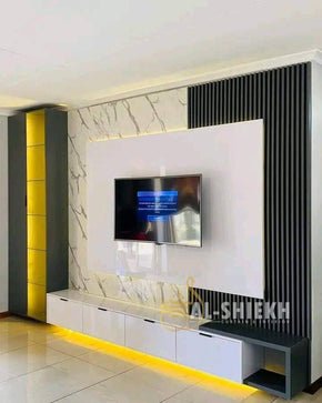 LED Wall with Fluted Panel, Glossy Marble Sheet, Base & Side Racks