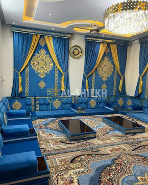Fancy Arabic Majlis with Tufted Backrest, Embossed Bunch, Back Bunch Screen, Plain Front Curtains & Top Curtain Box with Center Table