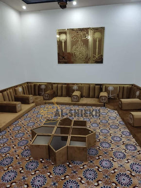 Simple Arabic Majlis Seating with Embossed Back & Armrests, Featuring Fancy C-Square Center Table