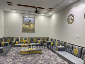 Elegant Gray Arabic Majlis with Embossed Backrest & Four-Sided Versace Border Center Table