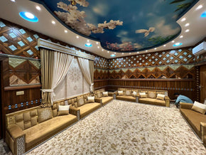 Stylish Arabic Majlis in Shock Brown with Elegant Off-White Embossed Back & Barras Vase Border Armrest