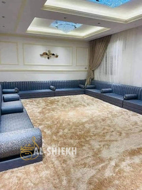 Simple Elegant Arabic Majlis in charcoal Gray with Striped Tufted Back & Sober Arms