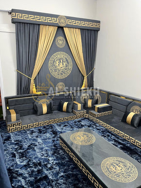 L-Shaped Arabic Majlis in Versace Style – Gray Color with Embossed Accents, Bunch Curtains & Versace Center Table