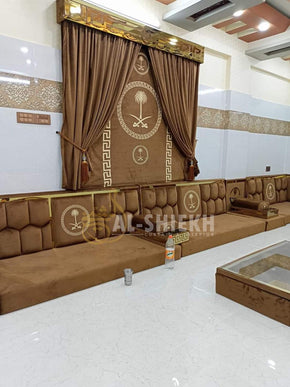 Wooden Brown Arabic Majlis with Square Tufted Back, Golden Emboss & Acrylic Curtain Box
