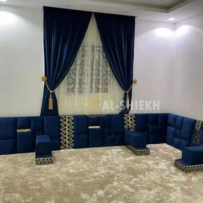 Navy Blue Arabic Majlis with Square Tufted Back, Golden Coffee Arms & Double Curtains