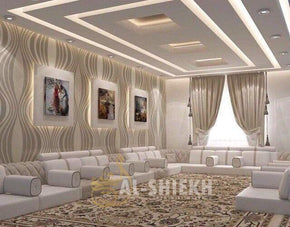 Light Color Arabic Majlis with Foil Acrylic Design & Round Arms