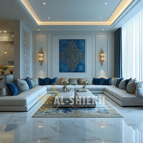 The Dual-Tone Elegance – White & Blue Arabic Majlis with Double Foam Border