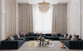 Elegant Simplicity – Charcoal Grey Arabic Majlis with Tufted Bac