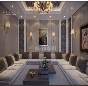 The Majestic Harmony – U-Shaped Arabic Majlis with Elegant Double Border & Tufted Accents
