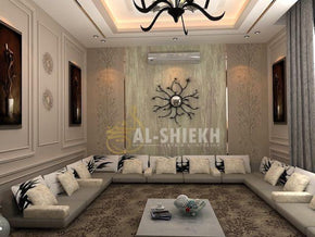 Elegant Simplicity – U-Shaped Arabic Majlis with Printed Canvas Cushions