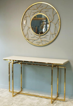 Modern Luxury Console Table – Glossy Top with Round Mirror & Laser-Cut SS Frame