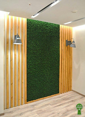 Indoor Artificial Grass with Wood Panels & Hedge Tiles – Stylish Green Wall Design