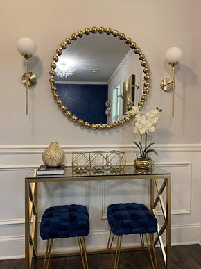Modern Console Table Set – Round Glass Top with MS Frame + 2 Cushioned Stools