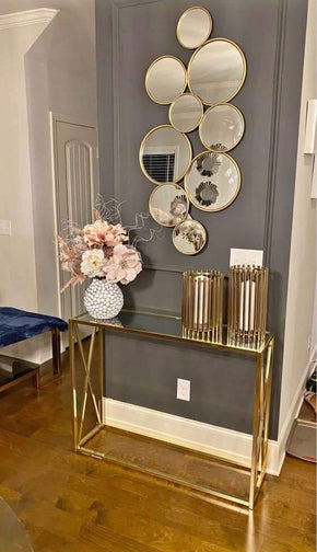 Modern Glass Top Console Table – Stainless Steel Frame with Decorative Round Glass Accents
